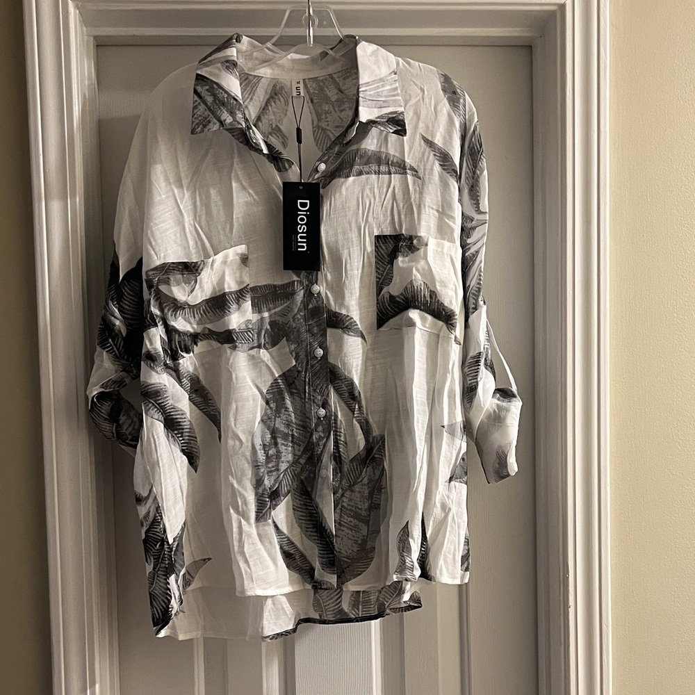 Diosun Black and White Leaf Print Shirt